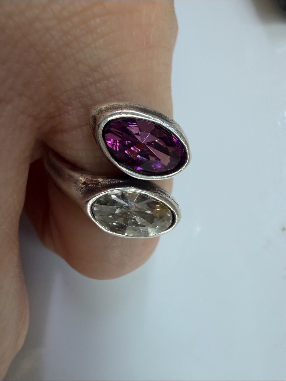 Silver Plated Bypass Ring with Purple and Clear Oval Stones. Size 5